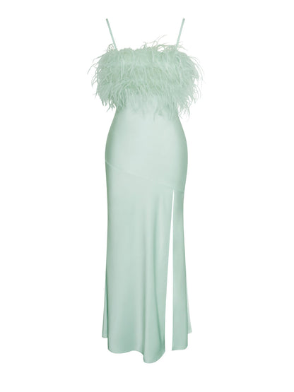 Pennyroyal - Feathered Satin Mint Maxi Dress