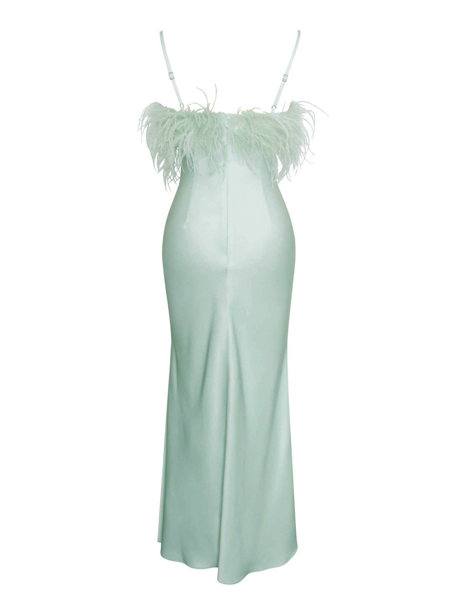 Pennyroyal - Feathered Satin Mint Maxi Dress